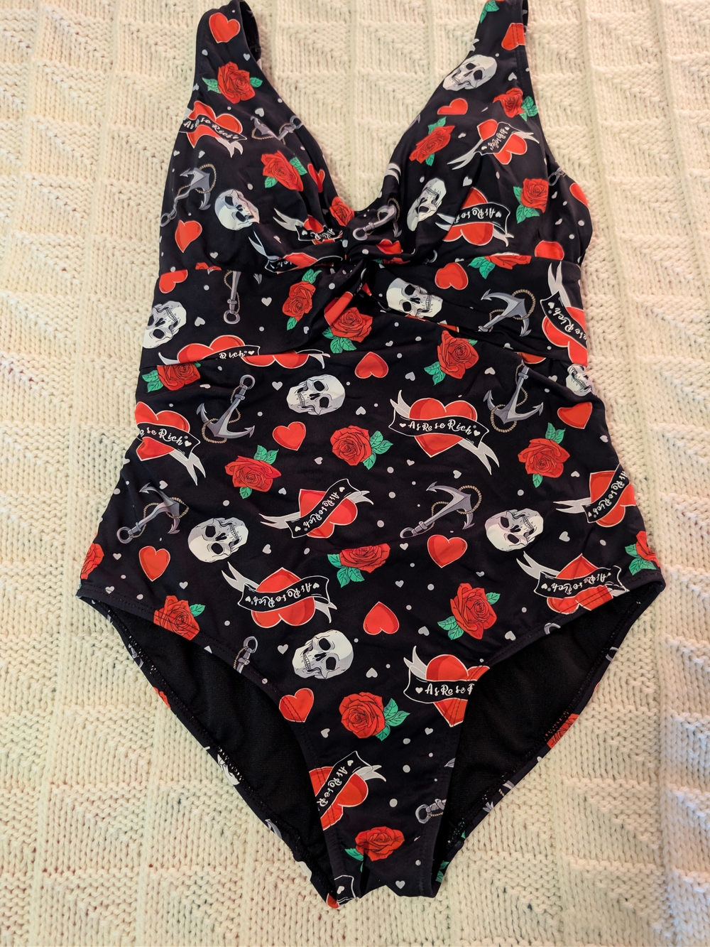 Black One-Piece Swimsuit with Red Rose & Heart Print